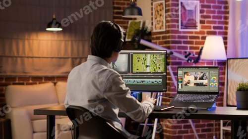 Preview: Male videographer working with color gradient software