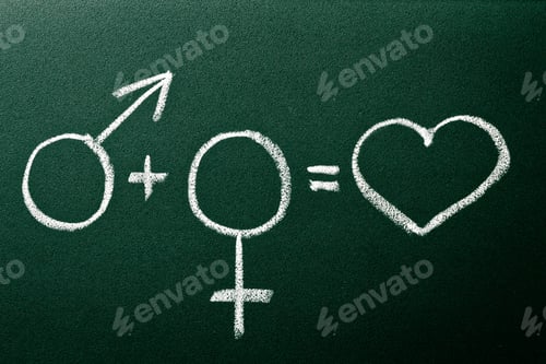 Preview: Equation define relation between male and female on green blackboard