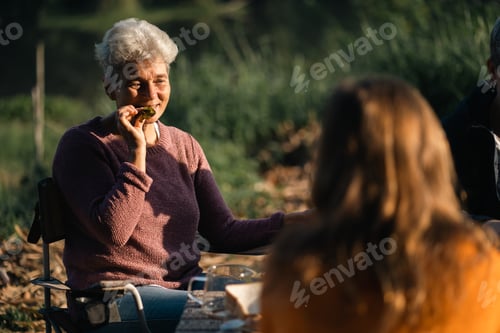 Preview: woman family having fun with food of picnic camp in the nature morning, summer travel