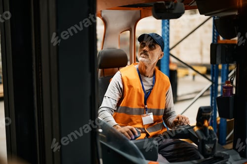 Preview: Mature warehouse worker moving pallets with forklift in industrial building.