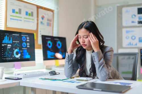 Preview: Stressed Asian businesswoman having headache while working with financial data in office