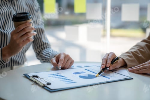 Preview: Analysis, Discussion, Asian woman economist and marketer pointing to a financial data sheet to plan,