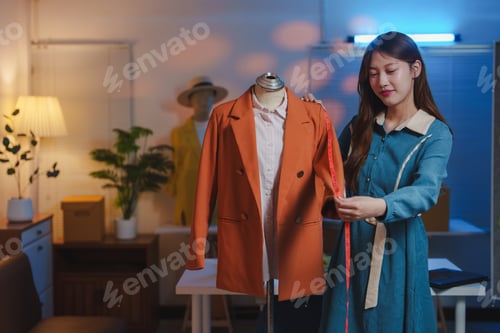 Preview: Asian female tailor measuring clothes on mannequin in her workshop