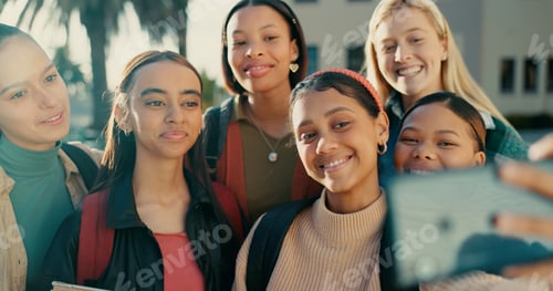 Preview: Happy, women and smile with selfie at college for education, learning and memory at campus together