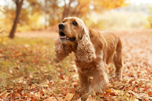 Preview: Cute Cocker Spaniel in park. Autumn walk