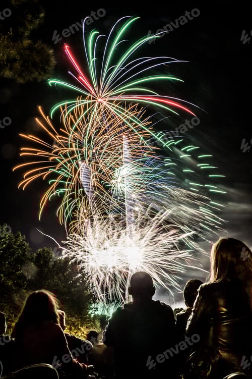 Preview: Vertical shot of people watching the fireworks in the night sky of Madrid