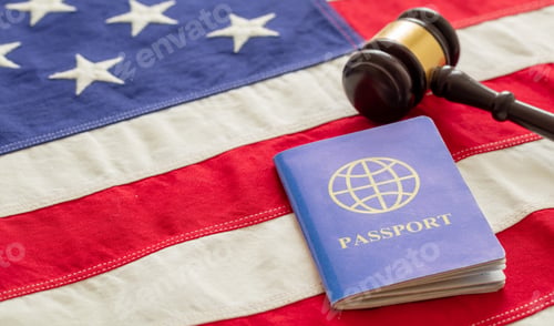 Preview: Blue passport and law gavel on USA flag background, close up view.