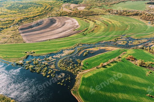 Preview: Aerial View Green meadows And River Landscape In Sunny Spring Summer Day. Top View Of Nature, Bird's
