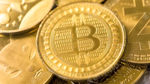 Preview: A lot of physical cryptocurrencies gold coins, Bitcoin on the top