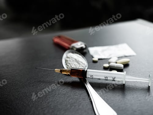 Preview: Heroin Drug Needle in Syringe with Cocaine in Bag