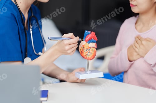 Preview: Cardiology clinic, young Caucasian female doctor explains heart disease treatment with a medical