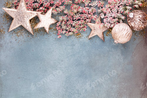 Preview: Christmas composition fir tree branches, gold sterne on blue background.