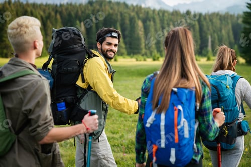 Preview: Group of fit healthy friends trekking in the mountains