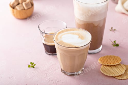 Preview: Coffee and espresso drinks in glasses, latte and mocha