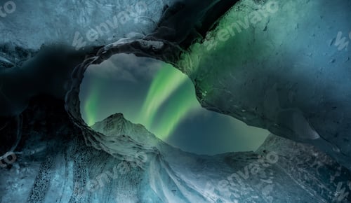Preview: Northern lights aurora borealis over glacier ice cave.