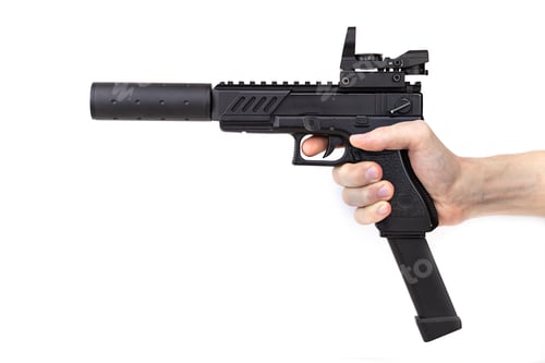 Preview: game weapon for airsoft in hand on a white background