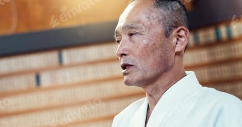 Preview: Master, karate or Asian man in dojo for martial arts for fitness, discipline or self defense for ho