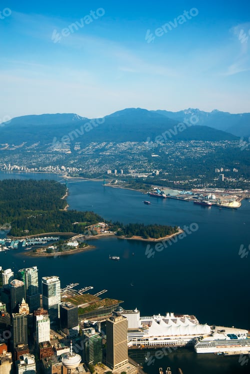 Preview: Aerial view of river and Vancouver cityscape, British Columbia, Canada