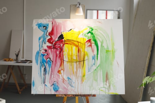 Preview: Modern abstract oil painting on canvas sitting on easel in artists studio