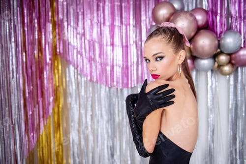 Preview: Close-up portrait fashion glamorous girl in black bodysuit, with bright beauty makeup, long gloves