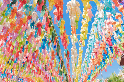 Preview: Colorful lanterns or lamps. Traditional festival, Thailand. Ceremony Celebration