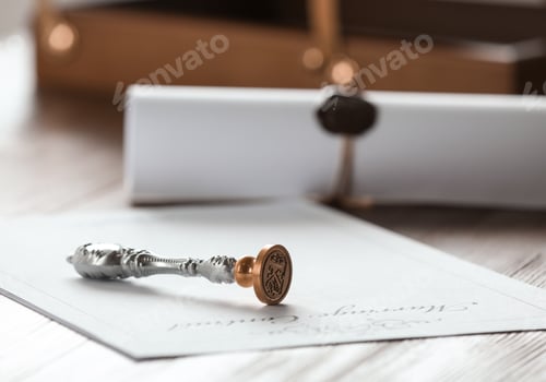 Preview: Vintage notary stamp and document on wooden table, closeup. Space for text