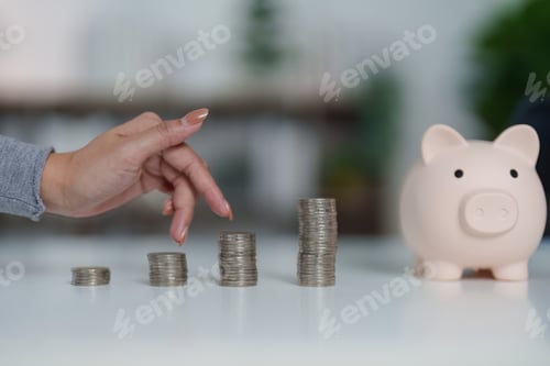 Preview: Coin Stacking. Woman organizing coins next to piggy bank.