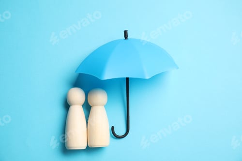 Preview: Human figures under umbrella on light blue background, top view. Insurance concept
