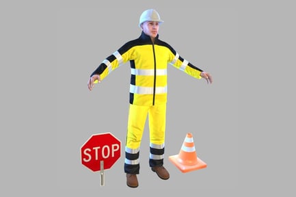 Preview: Road Construction Worker with Traffic Cone & Stop Sign