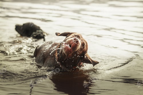 Preview: Labrador Retriever Dog breed on walk. Dog playing in the water. Active dog outdoor.