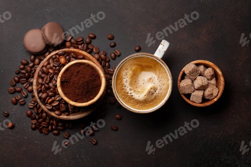 Preview: Fresh cappuccino coffee, roasted coffee beans and sugar