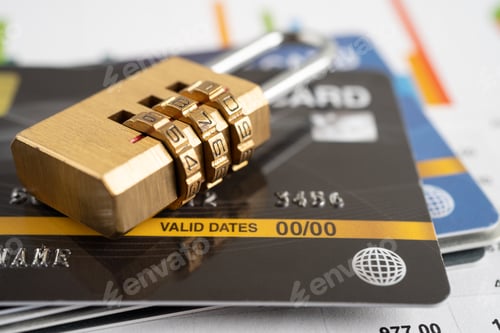 Preview: Credit card with password key lock and US dollar banknotes.