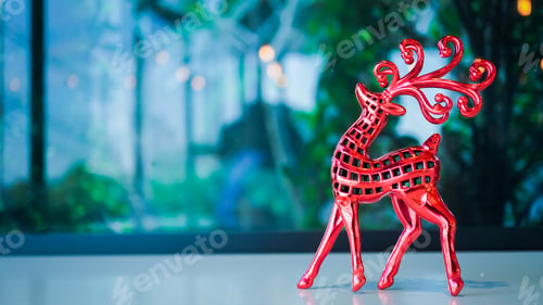 Preview: Red Reindeer Christmas Decoration In Cafe Shop For New Year And Christmas Concept Background
