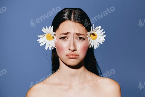 Preview: Radiant Beauty: Young Caucasian Woman with Pretty Floral Makeup, Expressing Sadness on White