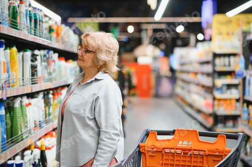 Preview: Interested woman making purchases in household chemicals store, reading labels on bottles