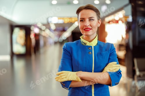 Preview: Cheerful woman flight attendant standing in airport terminal