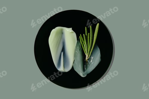 Preview: Texture of cosmetic creams with rosemary on a round stand on a green background.