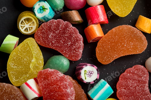 Preview: close up view of caramel multicolored candies and sugary fruit jellies on black background