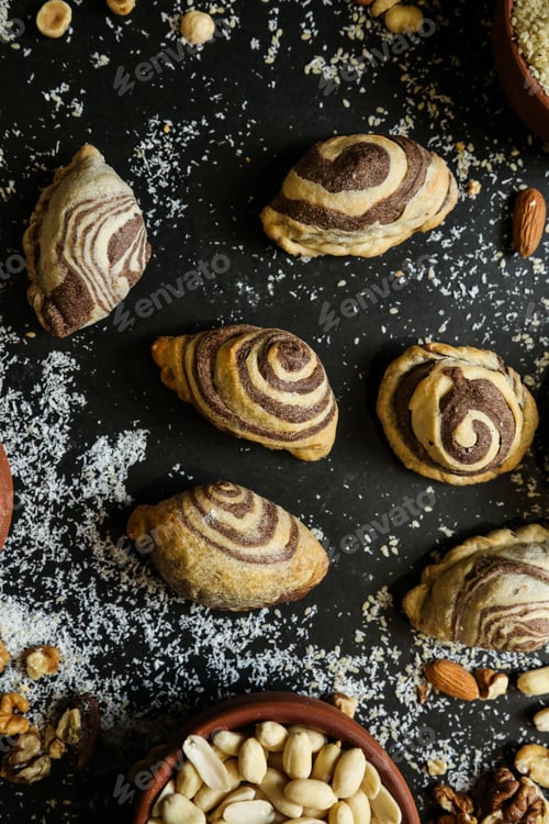 Preview: various bakery served on the table top view