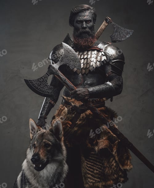 Preview: Demonic warrior with his wolf standing together in dark background
