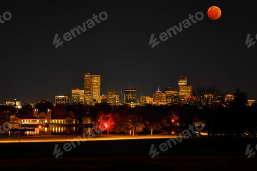 Preview: Landscape scene of Beaver Blood Moon over Denver, Colorado at night