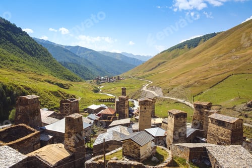 Preview: Landscape view of Ushguli village towers and mountains, Svaneti, Georgia