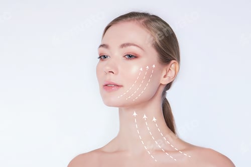 Preview: Close-up portrait of young, beautiful and healthy woman with arrows on her face spa