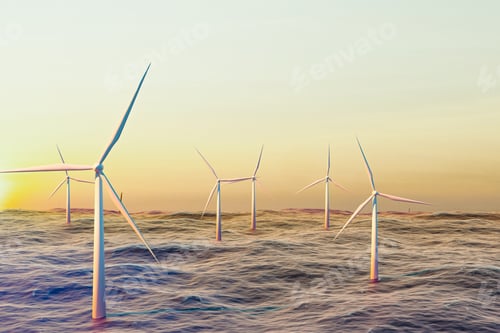 Preview: Wind turbines farm in ocean, big wind mill farm in lake or ocean with sunset time