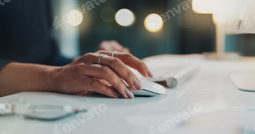 Preview: Business, hands and woman in office, mouse and clicking with internet, evening and keyboard. Comput