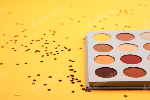 Preview: eyeshadows on isolated background and makeup brushes professional cosmetics