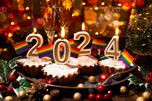 Preview: Food tray with cupcakes new year candles wineglasses and rainbow flags decorations