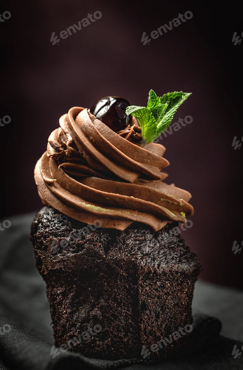 Preview: Chocolate Cupcake with Cherry and Mint Topping