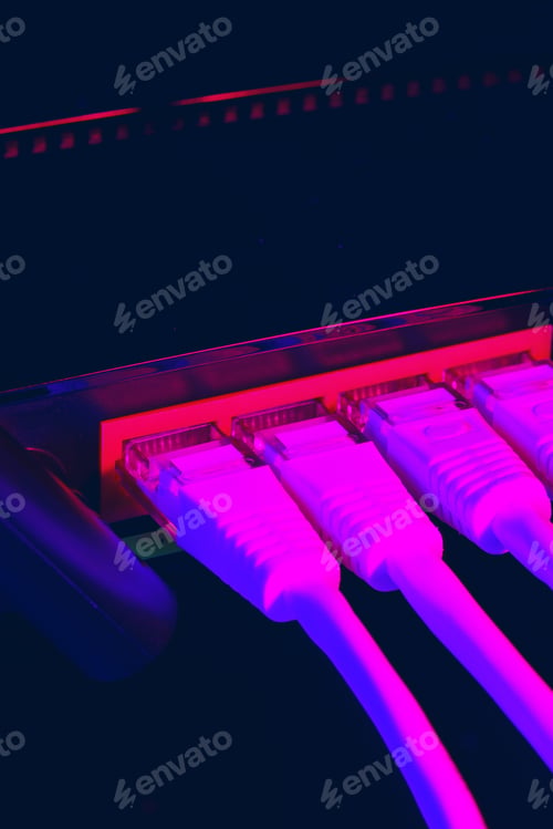 Preview: Network cables connect to a device in a low-light environment with purple lighting
