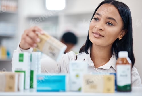 Preview: Client, pharmacy and woman with pills, medicine and in store for health, thinking and retail. Medic